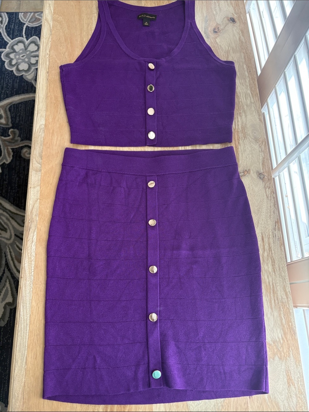 Purple Knit Skirt Set with Gold Buttons
